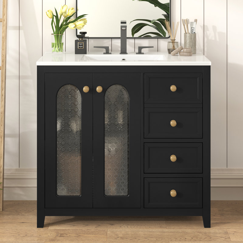 Meuble-lavabo simple 36 po avec comptoir en céramique, Noir