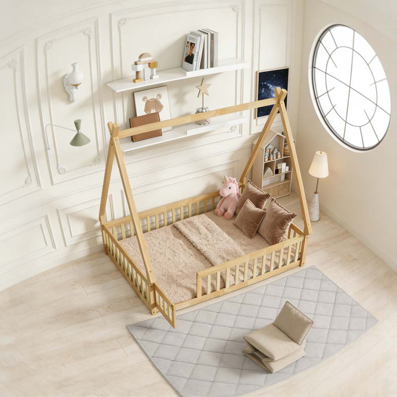 Lit simple en forme de tente, lit tipi avec garde-corps, lattes et porte, Naturel