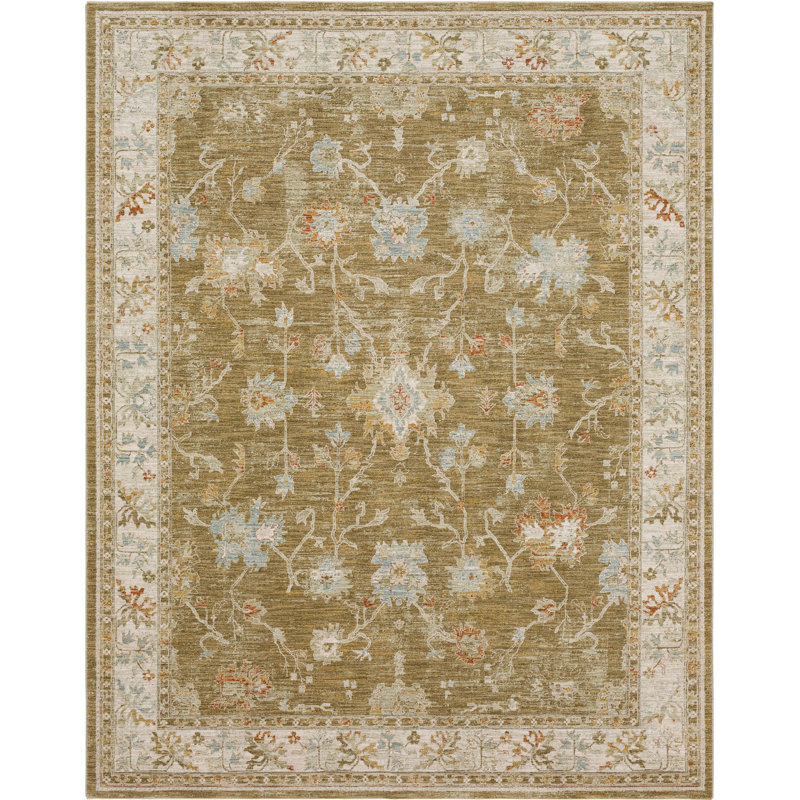 Tapis ivoire / vert tissé Iznik, Rectangle 5 pi x 7 pi 6 po