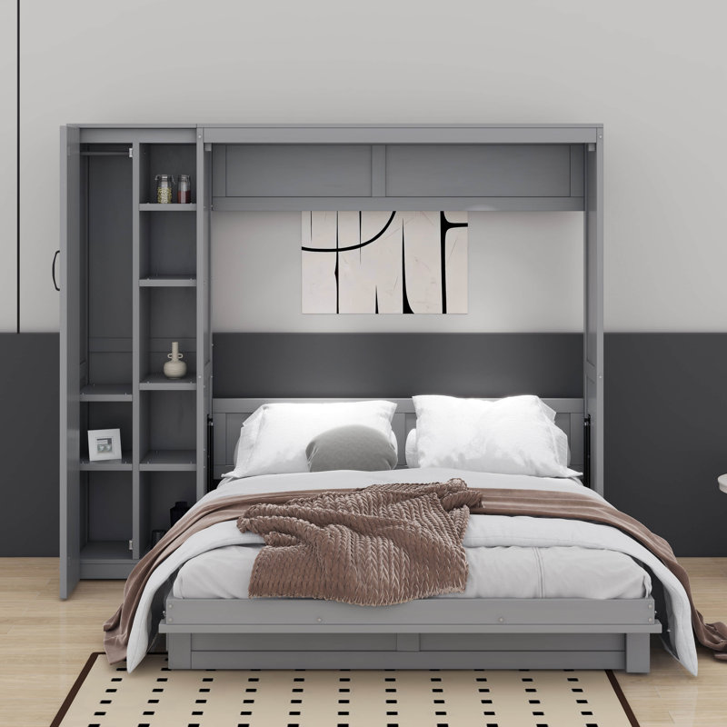 Grand lit escamotable mural avec tablettes, garde-robe et lumières DEL