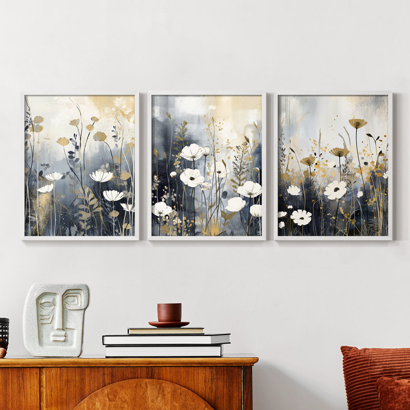 Étude florale Cxxvi -Set de 3 estampes numériques encadrées -Prêt à, Cadre blanc, H 20 po x l 16 po