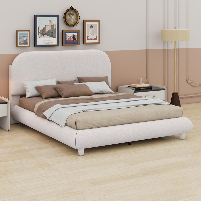 Lit plateforme tapissier, structure solide et design courbé élégant, Beige, Lit double