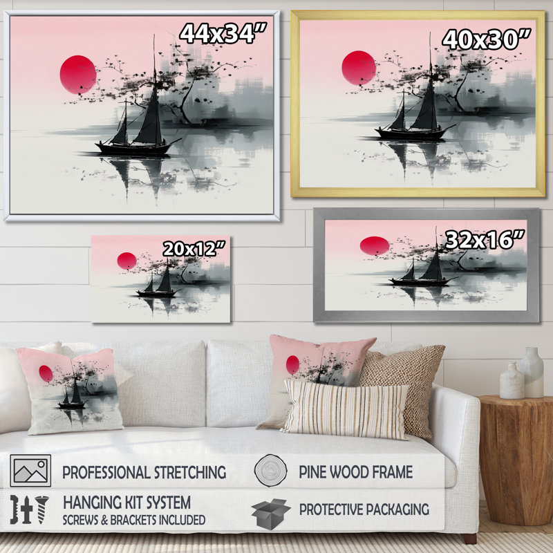 Art asiatique, voilier Sumi I - impression, Cadre naturel flottant, H 34 po x l 44 po x P 1,5 po