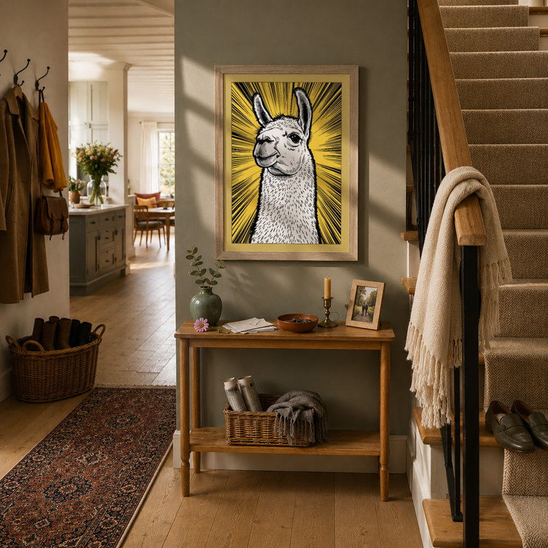 Llama Portrait Modern - Framed Print, A3 - 42.0 x 29.7 cm, Oak
