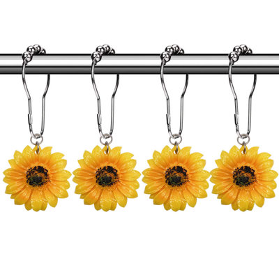 Anneaux de crochets de rideau de douche à fleurs, 12 pièces d'anneaux de douche antirouille décoratifs pour ensemble de salle de bain (tournesol jaune)