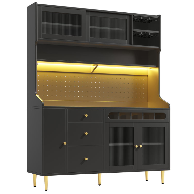 Kitchen Cabinet With Led, 5 Doors, 3 Drawers And Wine Rack Natural, Black