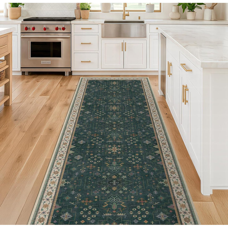 Tapis de couloir bohème vintage 76 cm x 244 cm, envers en caoutchouc antidérapant lavable, Vert foncé