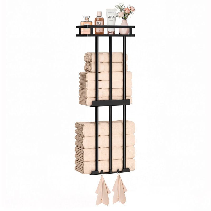 3-Tier Black Metal Bathroom Towel Rack, Wall Mounted Storage Rack with Top Mesh Shelf for Rolled Towels, Rust-Resistant Single