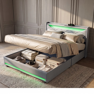 Grey Linen Upholstered Ottoman Storage Bed with LED Headboard & USB Charging Station