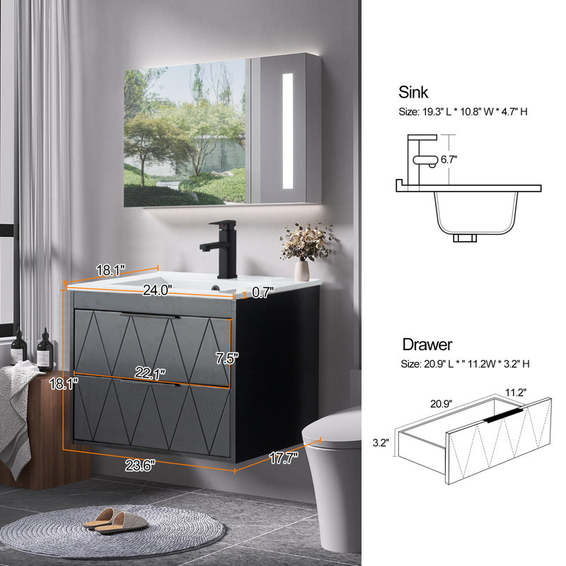 Ensemble de meuble-lavabo mural simple 24 po avec lavabo, robinet en alliage de zinc et tiroirs à fermeture en douceur Ciarra Makowski