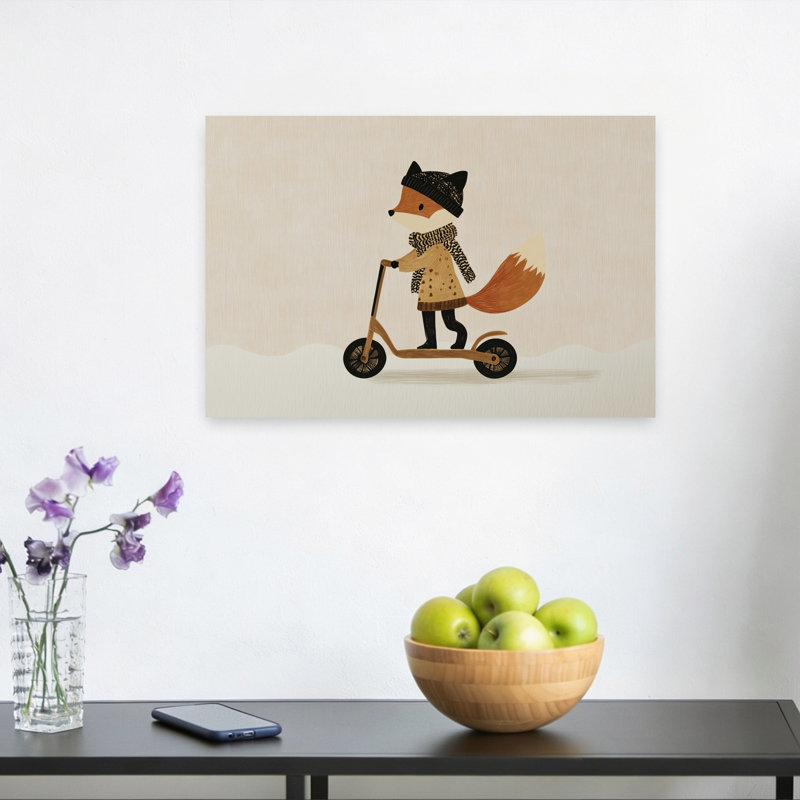 Cute Fox Winter Ride Playful Whimsical Abstract Fox Winter Forest Wall Art Print by Mathieu - Wrapped Canvas Print