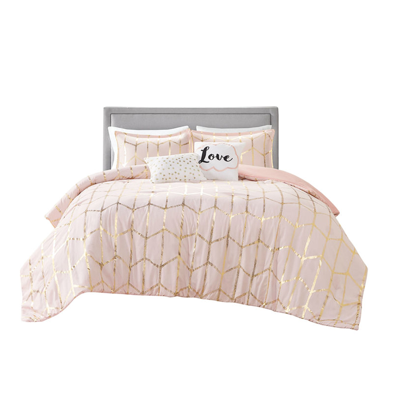 Soft Microfiber Blush Comforter With Metallic Stripe Pillows Modern In Accent Decor, Blush/Gold Geometric