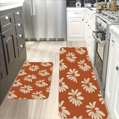 Burnt Orange Daisy Print Kitchen Mats for Kitchen & Living Room, Orange Beige 2-Piece Set