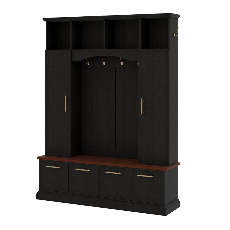 Farmhouse Hall Tree With Golden Hooks & Walnut Bench, Entryway Organizer With Adjustable Shelves, Shoe Storage, Black/Brown