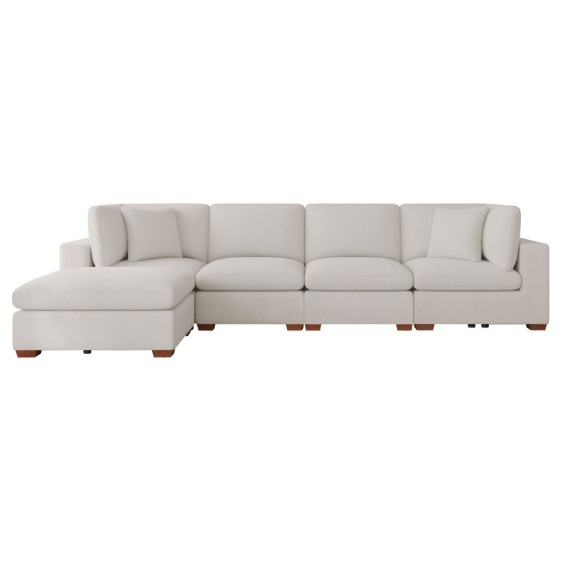 Canapé modulaire 5 pièces Jenette, Chenille ivoire, Chêne