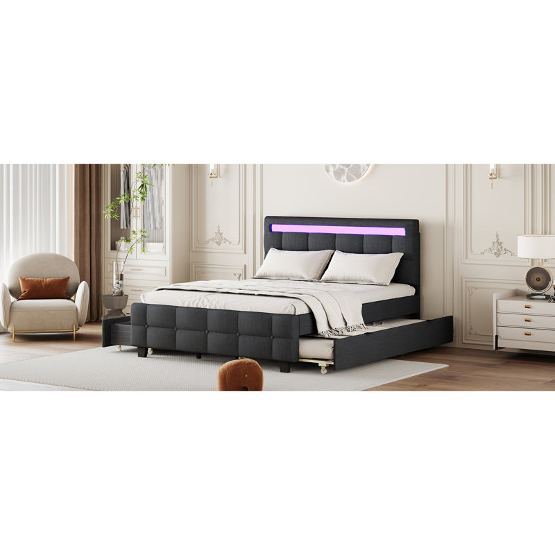 Grand lit plateforme tapissier avec structure à DEL, lit gigogne simple TG et 2 tiroirs, tissu en lin, Gris