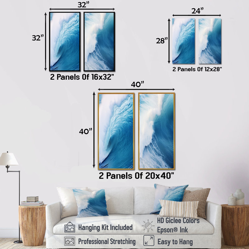 Blue Wave Blue Wonder - ensemble de 2 pièces d'art mural bord de mer, Toile tendue, H 28 po x l 25 po