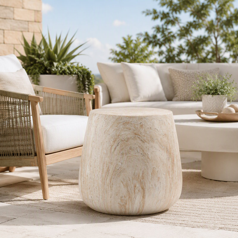 Drum-Shaped Faux Travertine Accent Table