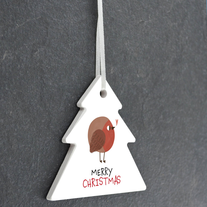 Robin Merry Christmas Tree Shaped Ceramic Ornament
