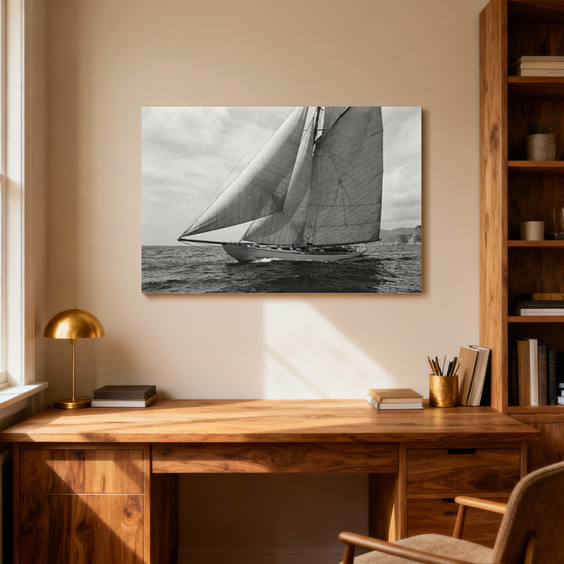 Voilier tendance sur les vagues de l'océan en noir et blanc, H 12 po x l 18 po