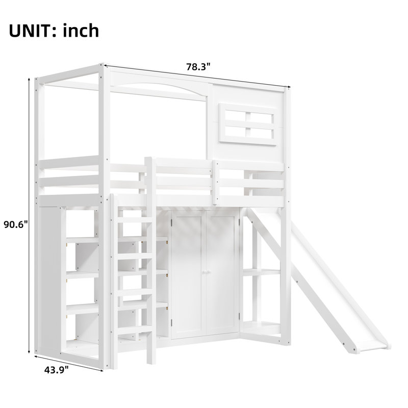 Twin Size Wood Loft Bed with Wardrobe, Storage Shelves, Slide & LED Lights, White