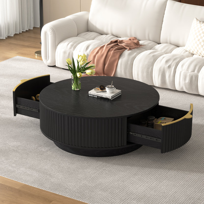 Table basse ronde cannelée Lumina Farmhouse avec tiroirs de rangement dissimulés, Noir