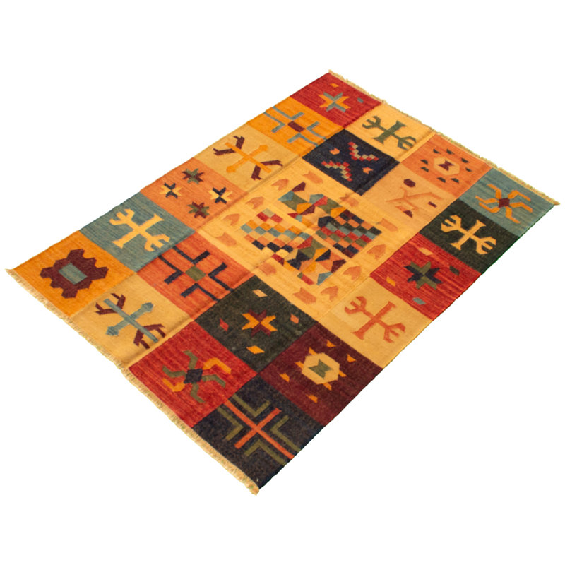 Tapis beige / bleu en laine fabriqué à la main Kilim