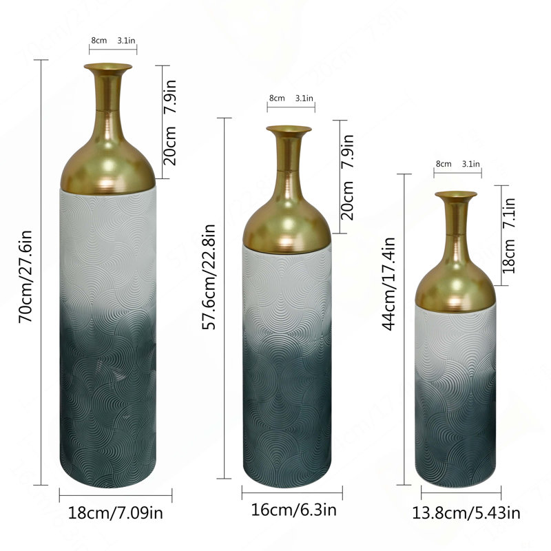 Ensemble de 3 vases élégants en métal, vases de sol à motif de feuilles, grands vases pour la décoration intérieure, décoration de salon et d'entrée