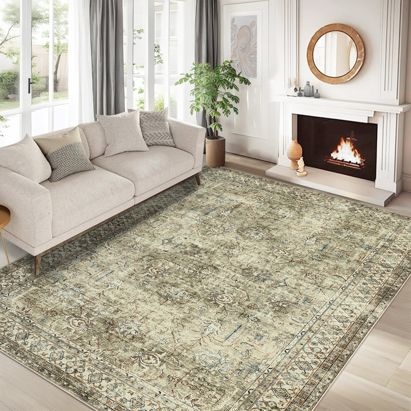 Vintage Boho Rug 5x7 Non Slip Washable Rugs Traditional Distressed Retro Carpet Retro Floral Mat for Dining Room Bathroom Kitchen Brown
