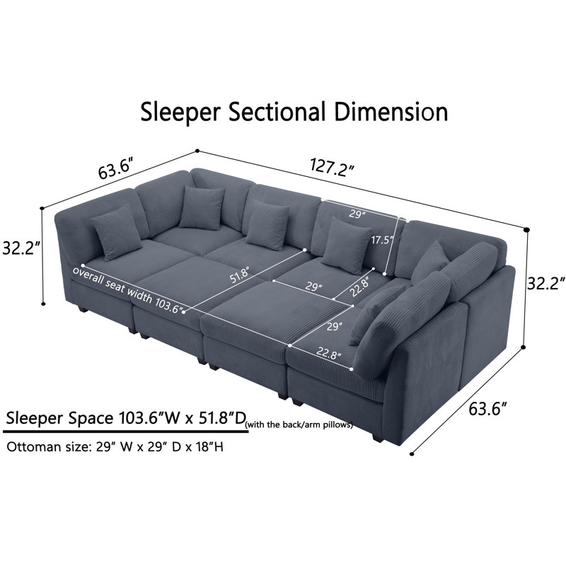 Nicholson 8-piece Sleeper Sofa Sectional, Dark Gray Corduroy