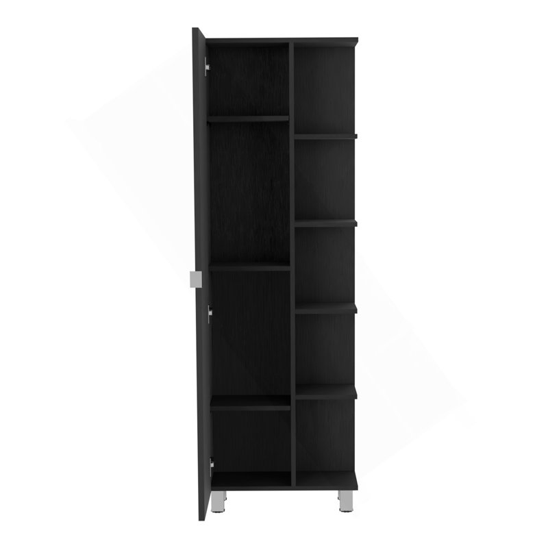 Armoire à linge miroir Urano, quatre tablettes intérieures, cinq tablettes extérieures - noir