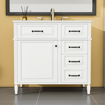 Meuble-lavabo de salle de bain avec lavabo en céramique, tiroir rabattable et tablette réglable