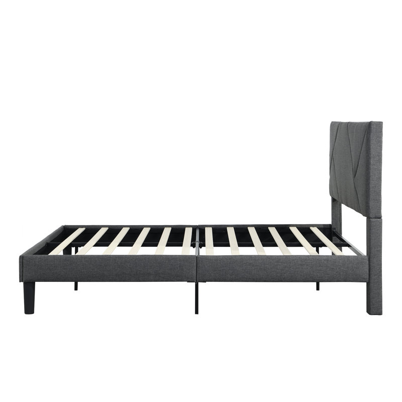 Structure de lit double pleine grandeur, tissu gris, tête de lit, support en bois, sans sommier, lit à assemblage simple, lattes, assemblage facile, support de matelas