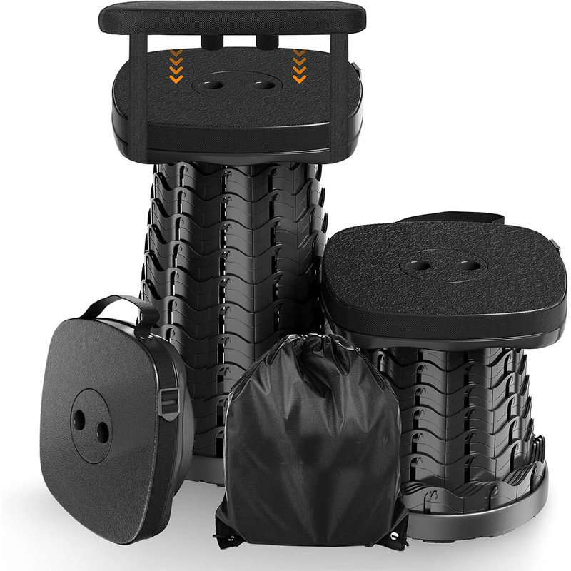 Folding Camping Stool, Square Collapsible Portable Stool with Elastic Seat Cushion& Adjustable Nylon Bag, Telescoping Foldable Stool, Black
