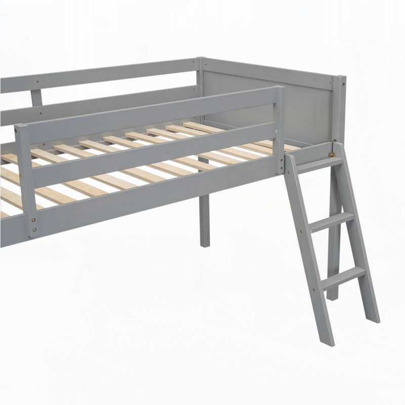 Lit mezzanine bas en bois avec échelle, Gris, Lit simple