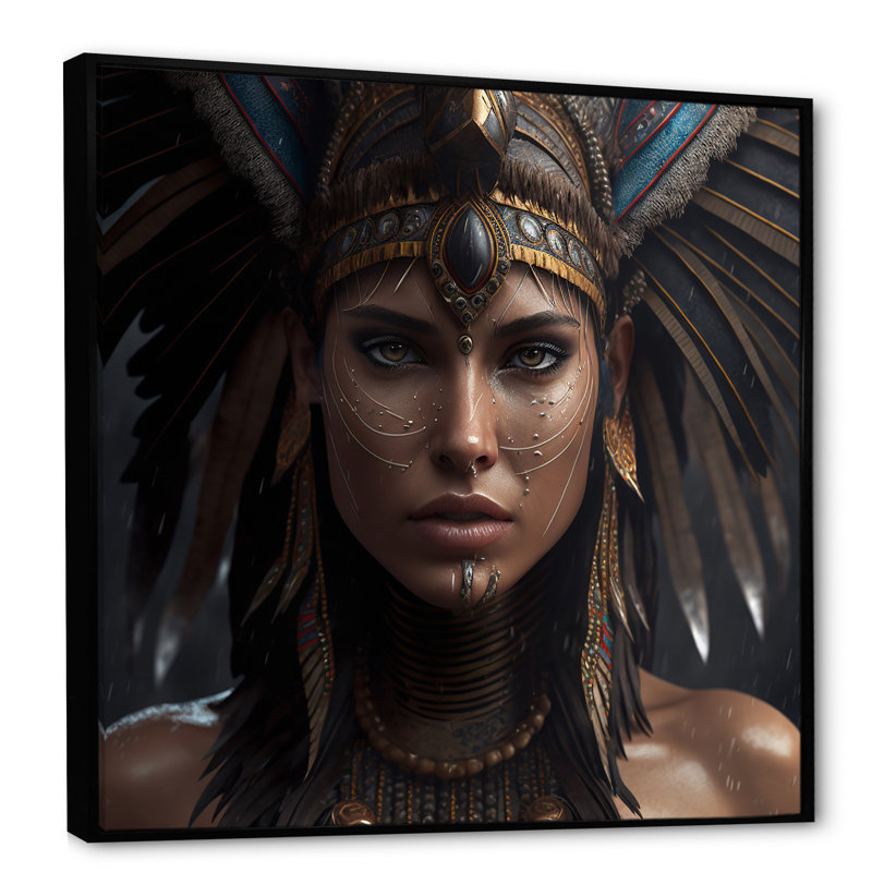 Femme bohémienne avec coiffe en plumes I - reproduction sur toile, L 16 po x H 16 po, Toile avec cadre flottant noir
