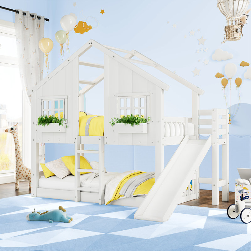 Lit superposé simple au-dessus de simple avec glissade, cadre de lit pour enfant en bois, blanc, Blanc