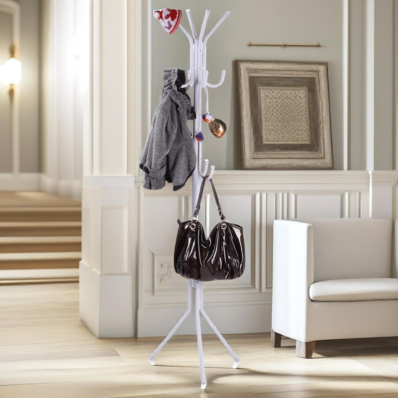 Metal Freestanding 12- Hook Coat Stand, Entryway Hallway Furniture, White
