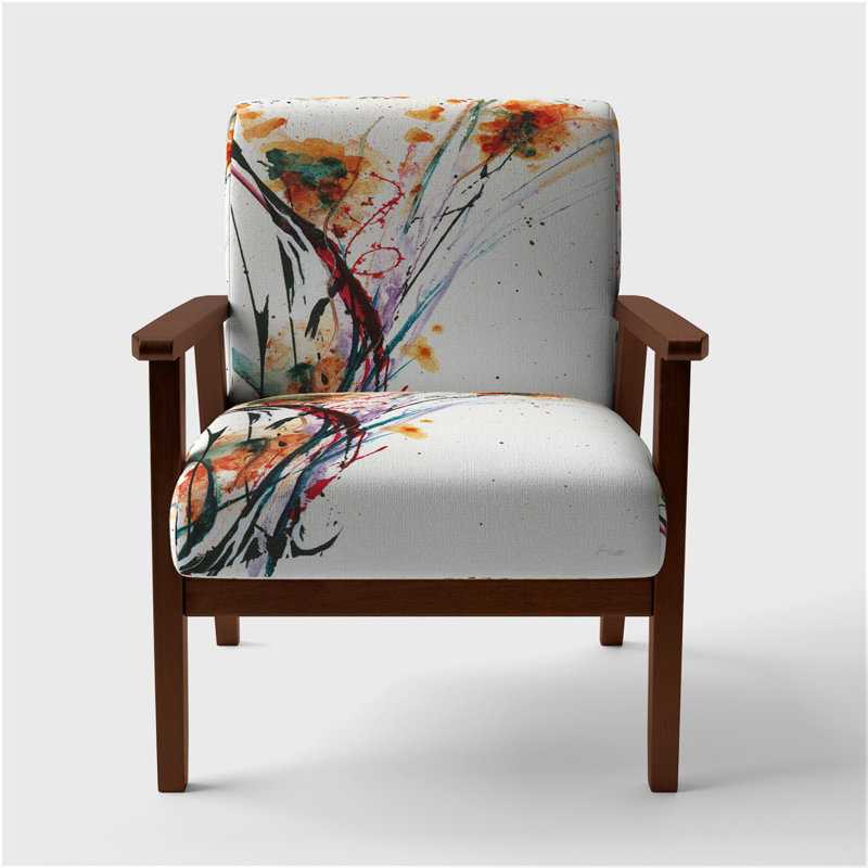 Geidel - Abstract Flowers - Upholstered Traditional Accent Arm Chair, Orange Polyester, Brown Square Arms
