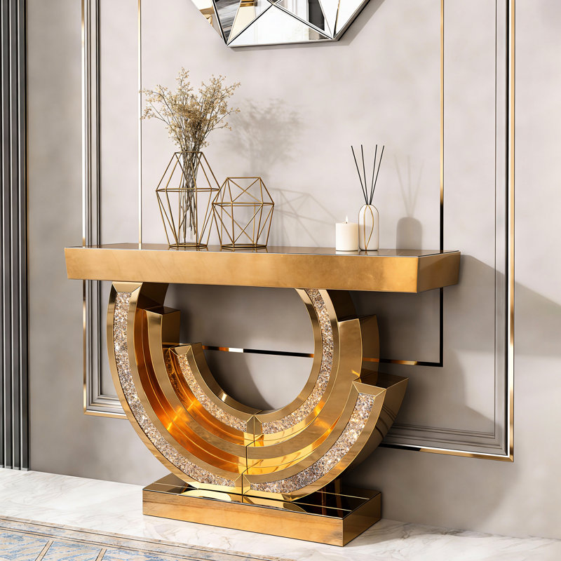 Console moderne à miroir en diamant écrasé de style moderne - Accent long pour la chambre à coucher, brun avec miroirs brillants et base en spirale unique, miroirs d'entrée faciles à assembler, installation facile à comprendre