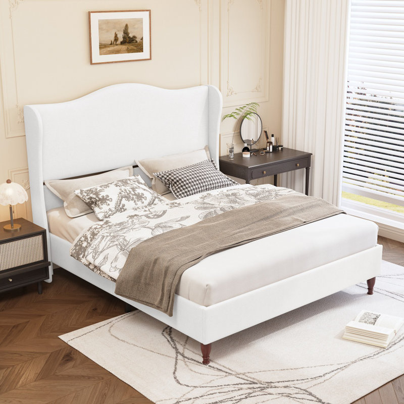 Queen Size Wingback Platform Bed Frame with Tall Headboard-White, Queen, White