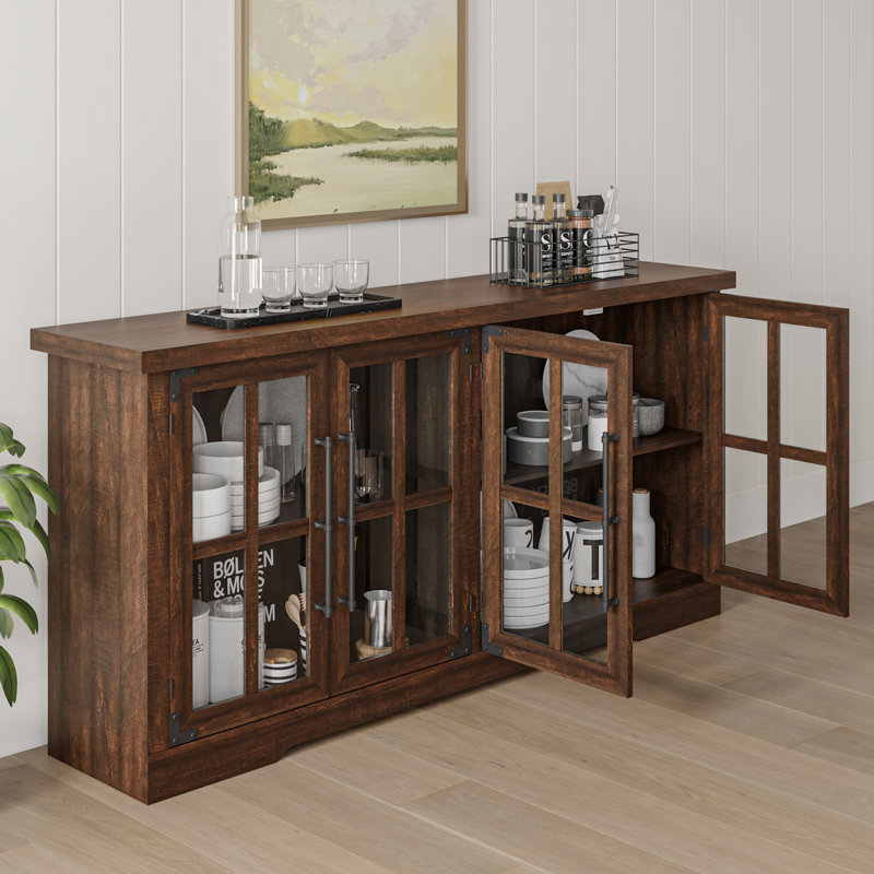 Brown 63" Rustic Wood Sideboard with Glass Doors