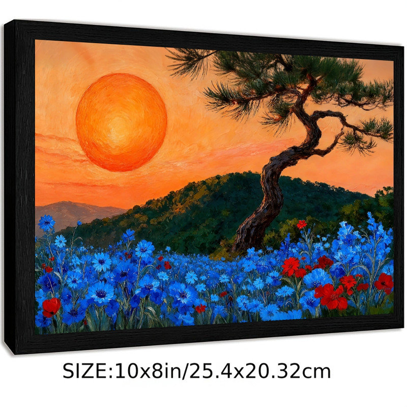 «Moonlit Pine Forest», encadré noir, pleine lune, peinture de champ de fleurs sauvages, art mural paysage nature Moody Mystical