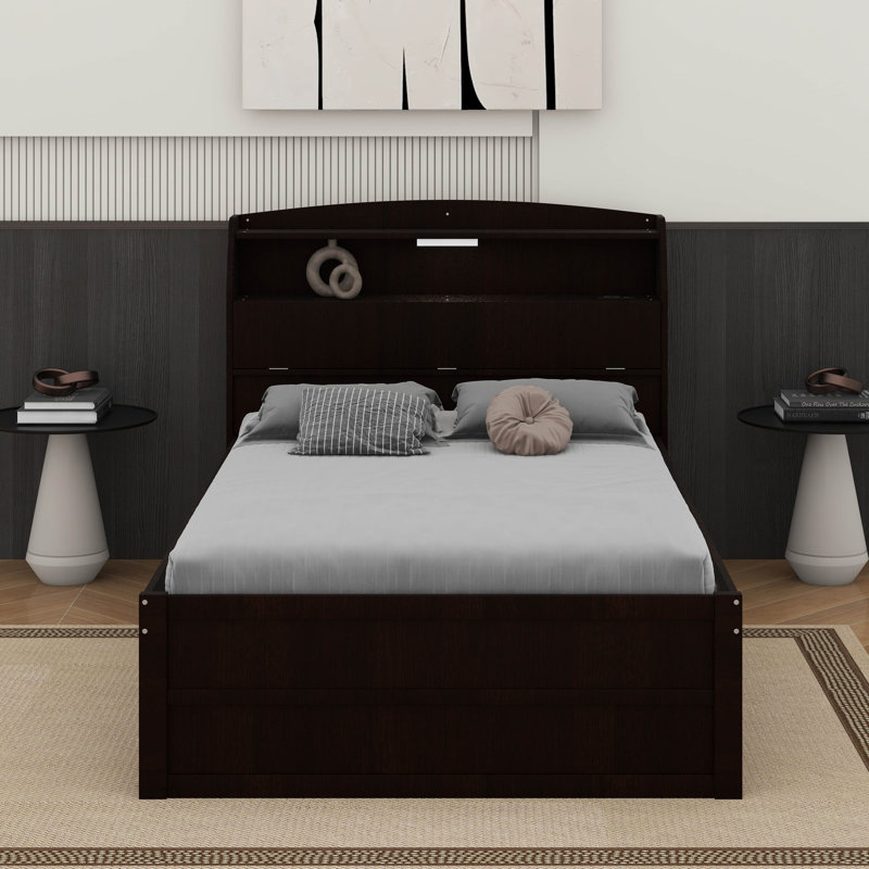 Lit plateforme double en bois avec lit gigogne, tête de lit et tiroirs, Gris