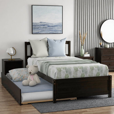 Espresso Twin Size Solid Wood Platform Bed with Roll-Out Trundle