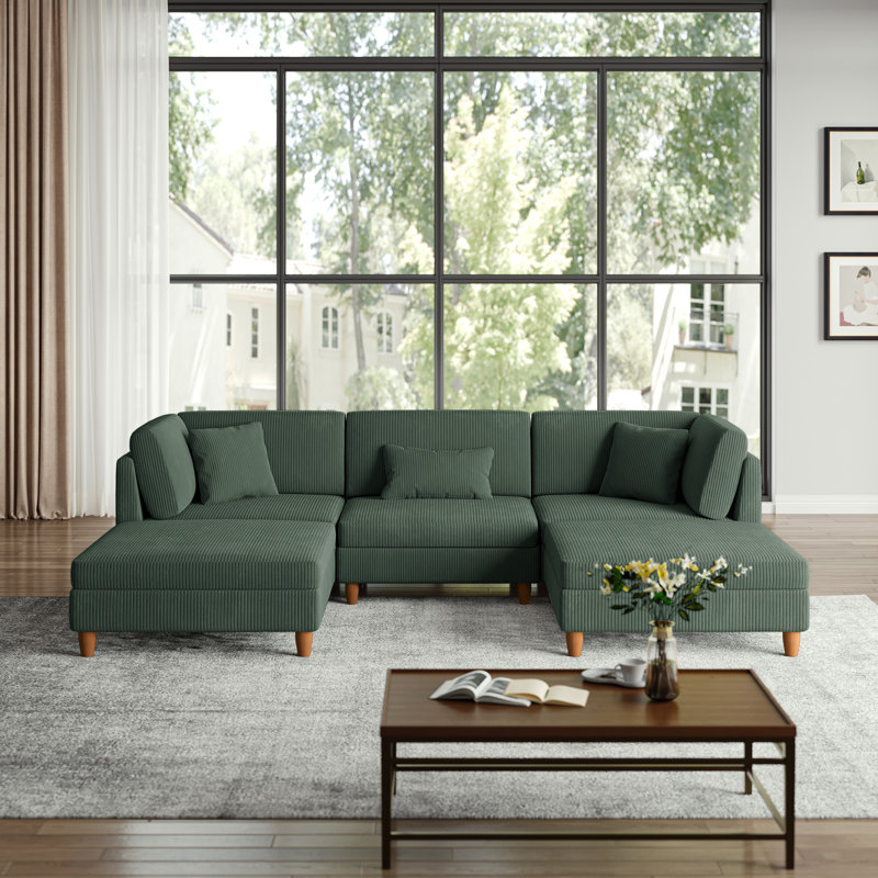 Seemab 5 - Piece Upholstered Hunter Green Corduroy Modular Sectional with Pillow Back and Removable Ottoman, Hunter Green