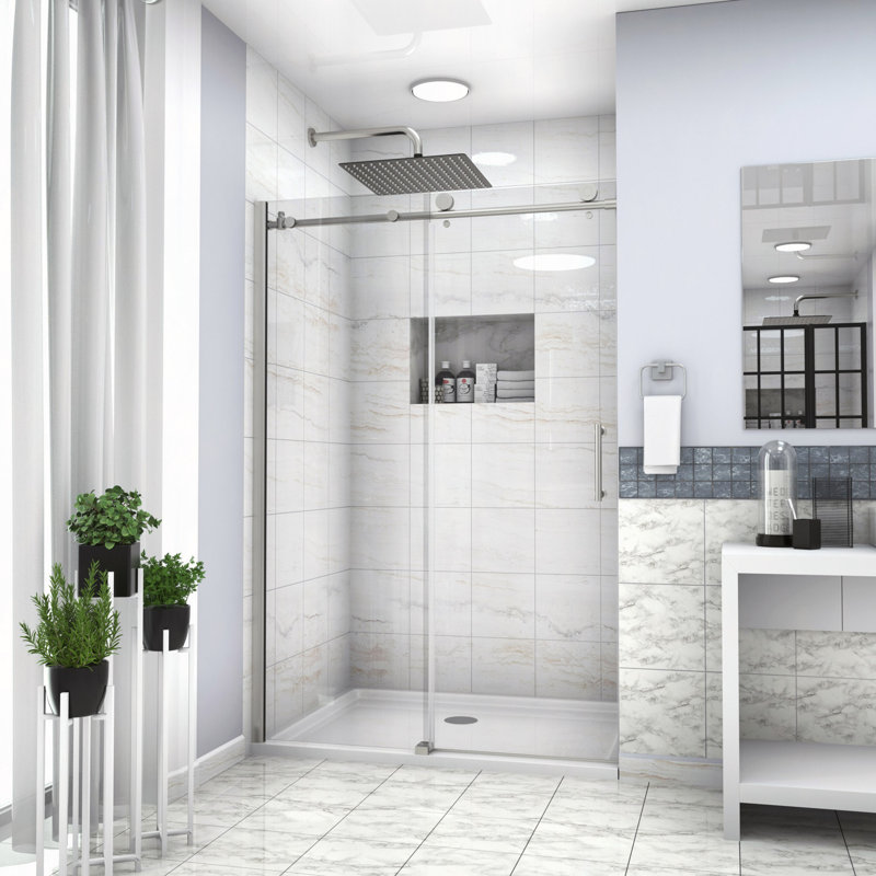 Shower Door 48" W X 76"H Single Sliding Shower Enclosure, 5/16" (8Mm), Brushed Silver