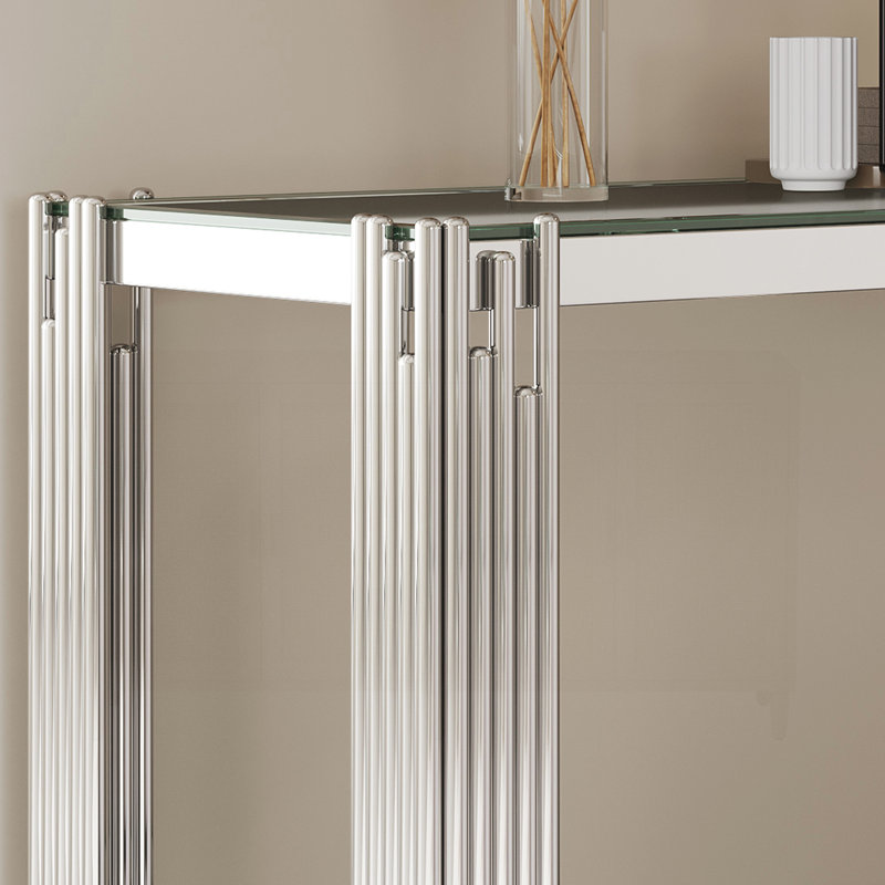 Sophisticated Double-Layer Tempered Glass Console Table with Stainless Steel Frame for Versatile Use, Clear/Silver