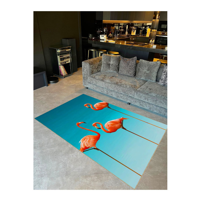 Tapis lavable moderne à motif tissé à motif de famille de flamants bleu ciel Sky