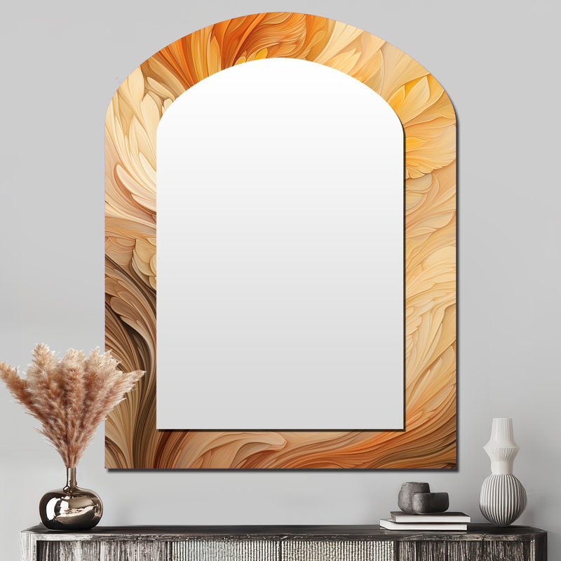Vintage Orange Ornamental Wave Elegance - Abstract Shapes Asymmetrical Unique Wall Mirror, Modern Arch Mirror, Printed Metal Art